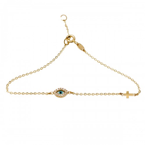 14K Χρυσό Bραχιόλι με Ματάκι & Σταυρό TT-288175