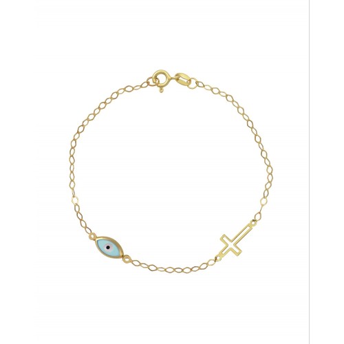 9K Χρυσό Bραχιόλι με "Ματάκι" και Σταυρό 038043FV