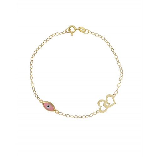 9K Χρυσό Bραχιόλι με "Ματάκι" και  "Διπλές Καρδιές" 038055FV