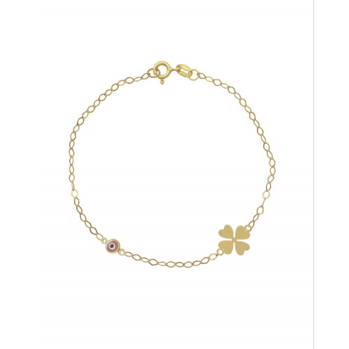 9K Χρυσό Bραχιόλι με "Ματάκι" και "Τετράφυλλο Τριφύλλι" 039109FV
