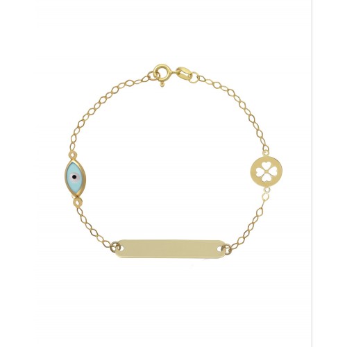 9K Χρυσό Bραχιόλι Ταυτότητα με "Ματάκι" και "Τετράφυλλο Τριφύλλι" 055820FV