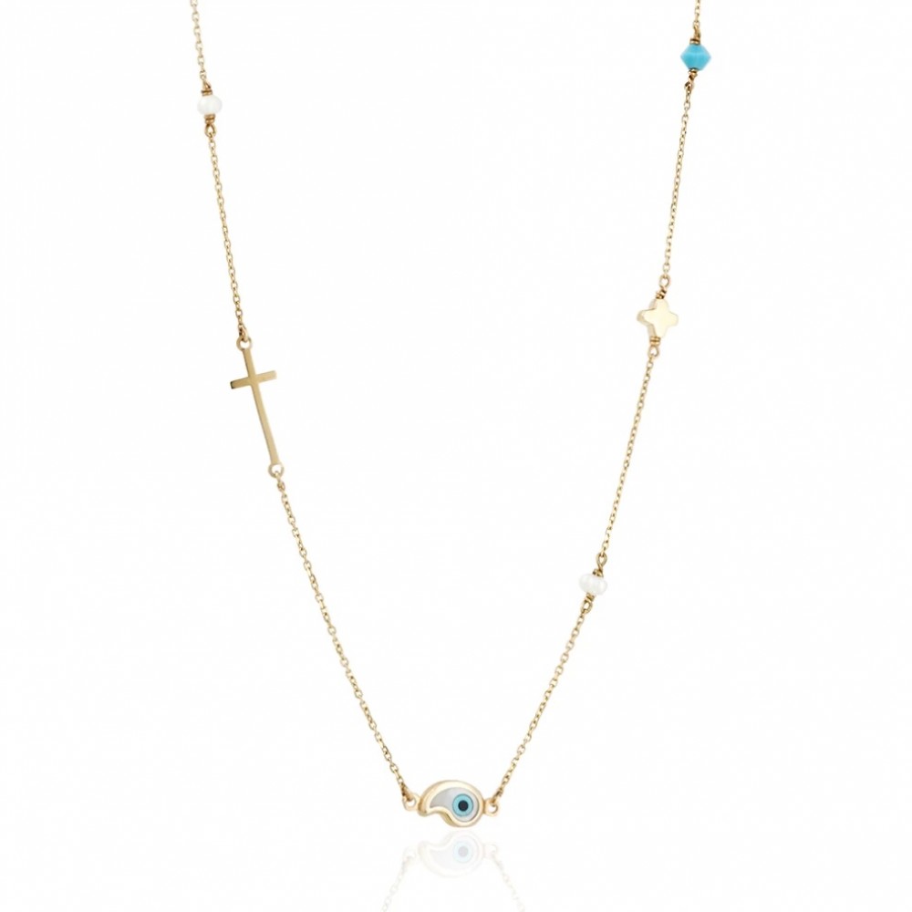 14K Χρυσό Κολιέ Με Μάτι, Σταυρό, Μαργαριτάρι και Ζιργκόν 11873AD