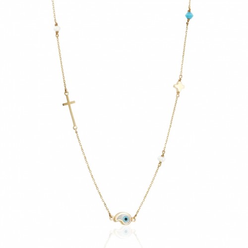 14K Χρυσό Κολιέ Με Μάτι, Σταυρό, Μαργαριτάρι και Ζιργκόν 11873AD