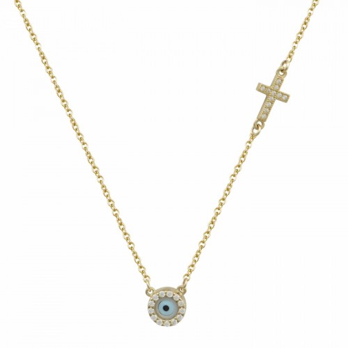 14K Χρυσό Κολιέ Με Μάτι, Σταυρό και Ζιργκόν 1753