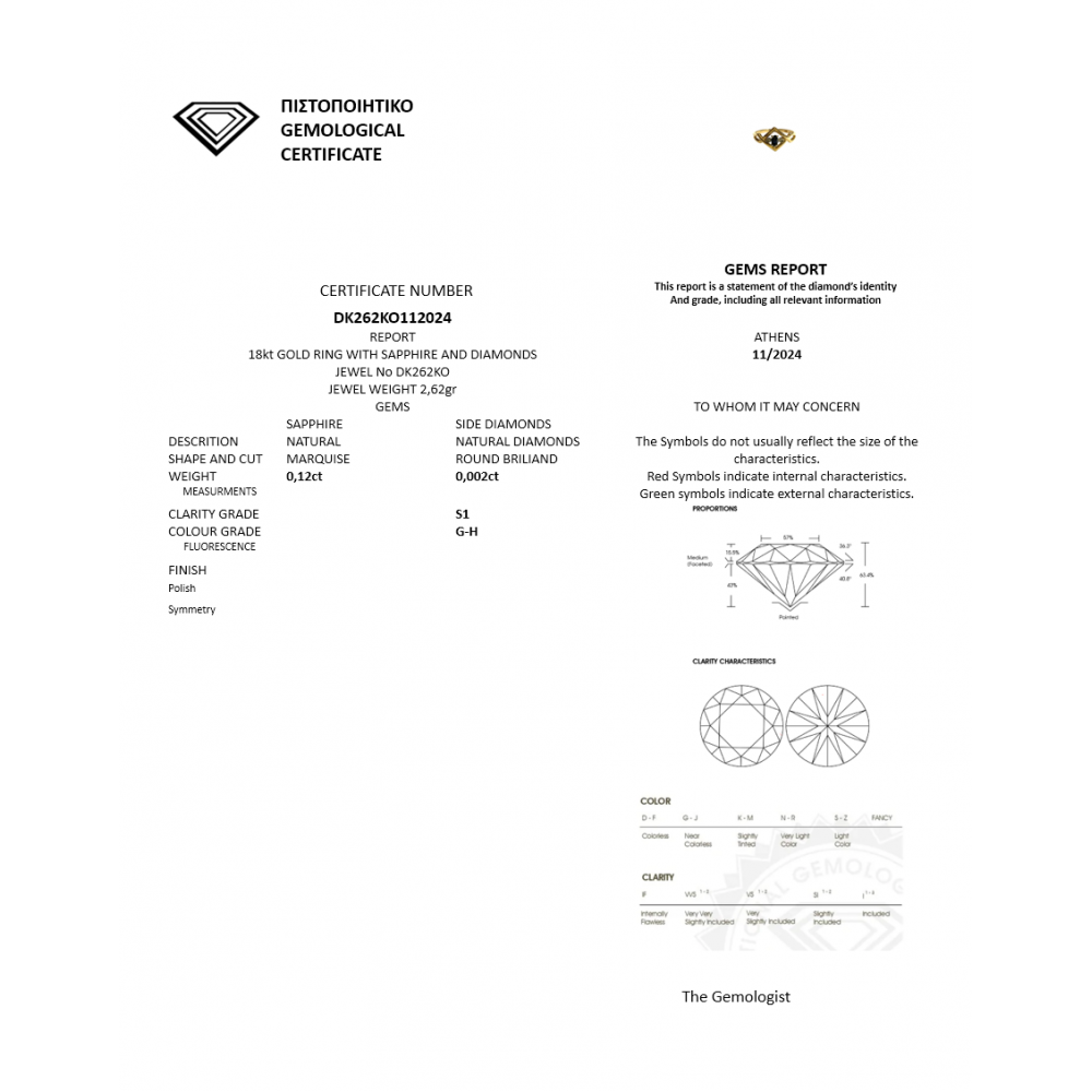 18K Χρυσό Δαχτυλίδι με Ζαφείρι & Διαμάντια DK262KO