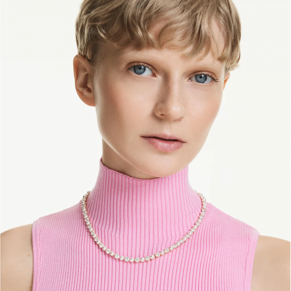 SWAROVSKI Tennis Matrix, Crystal Pearl, Κολιέ, Στρογγυλή Κοπή, Λευκό, Επιμετάλλωση σε Χρυσό Τόνο 5742039