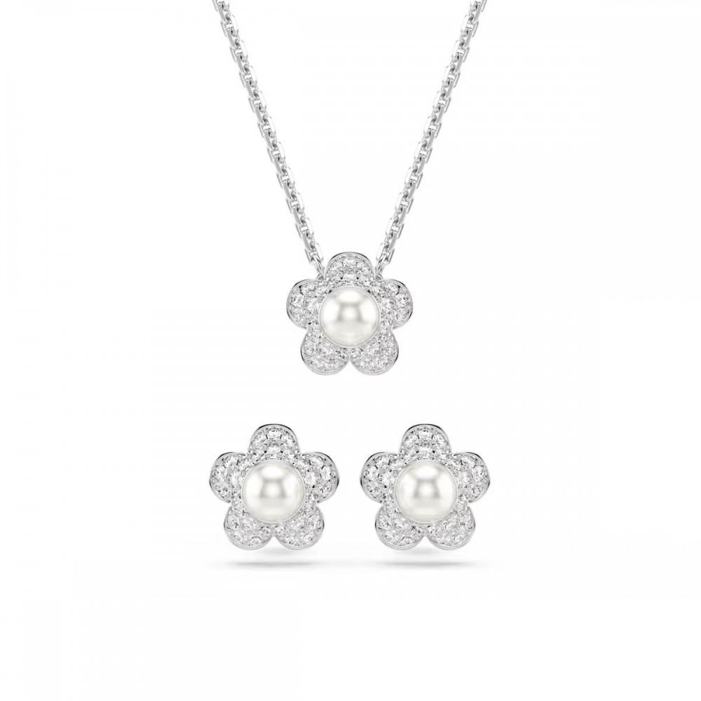 SWAROVSKI Angelic Set, Ariana Grande, Crystal pearl, Στρογγυλή κοπή, Λευκό, Λουλούδι, Επιροδιωμένο 5749180