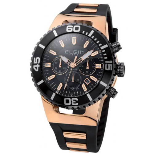 ELGIN Chronograph Rose Gold Black Rubber Strap 75602.5