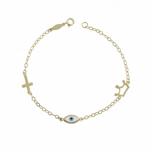 9K Χρυσό Bραχιόλι με Ματάκι, Σταυρό και Κορώνα BP104BJ