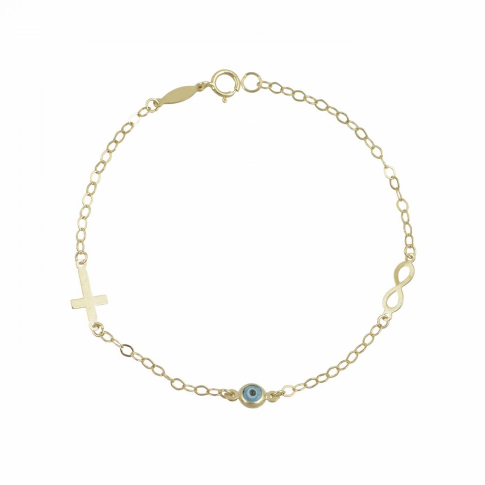 9K Χρυσό Bραχιόλι με "Άπειρο", Σταυρό και Ματάκι BP119BJ