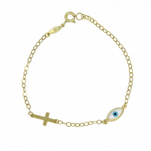 9K Χρυσό Bραχιόλι με Ματάκι και Σταυρό BP153BJ