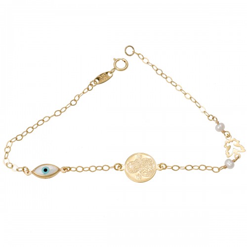 9K Χρυσό Βραχιόλι Παιδικό με Κωνσταντινάτο, ματάκι και μαργαριτάρια BR130AF-2