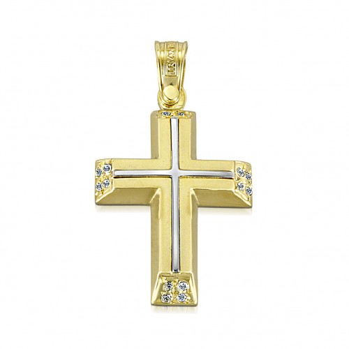 14K Χρυσός Δίχρωμος Σταυρός με Ζιργκόν ST415T1