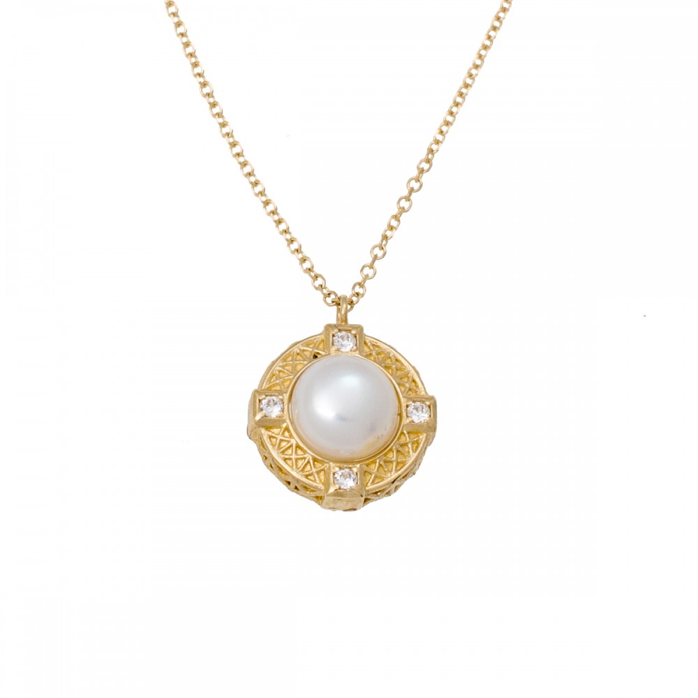 18K Χρυσό Κολιέ Με Μαργαριτάρι & Ζιργκόν K394GK18
