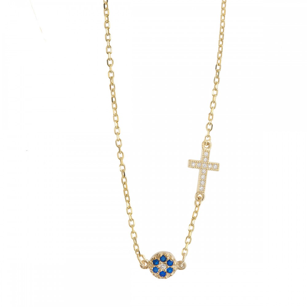 9K Χρυσό Κολιέ με Σταυρό και Ματάκι και Ζιργκόν KL1139VRG