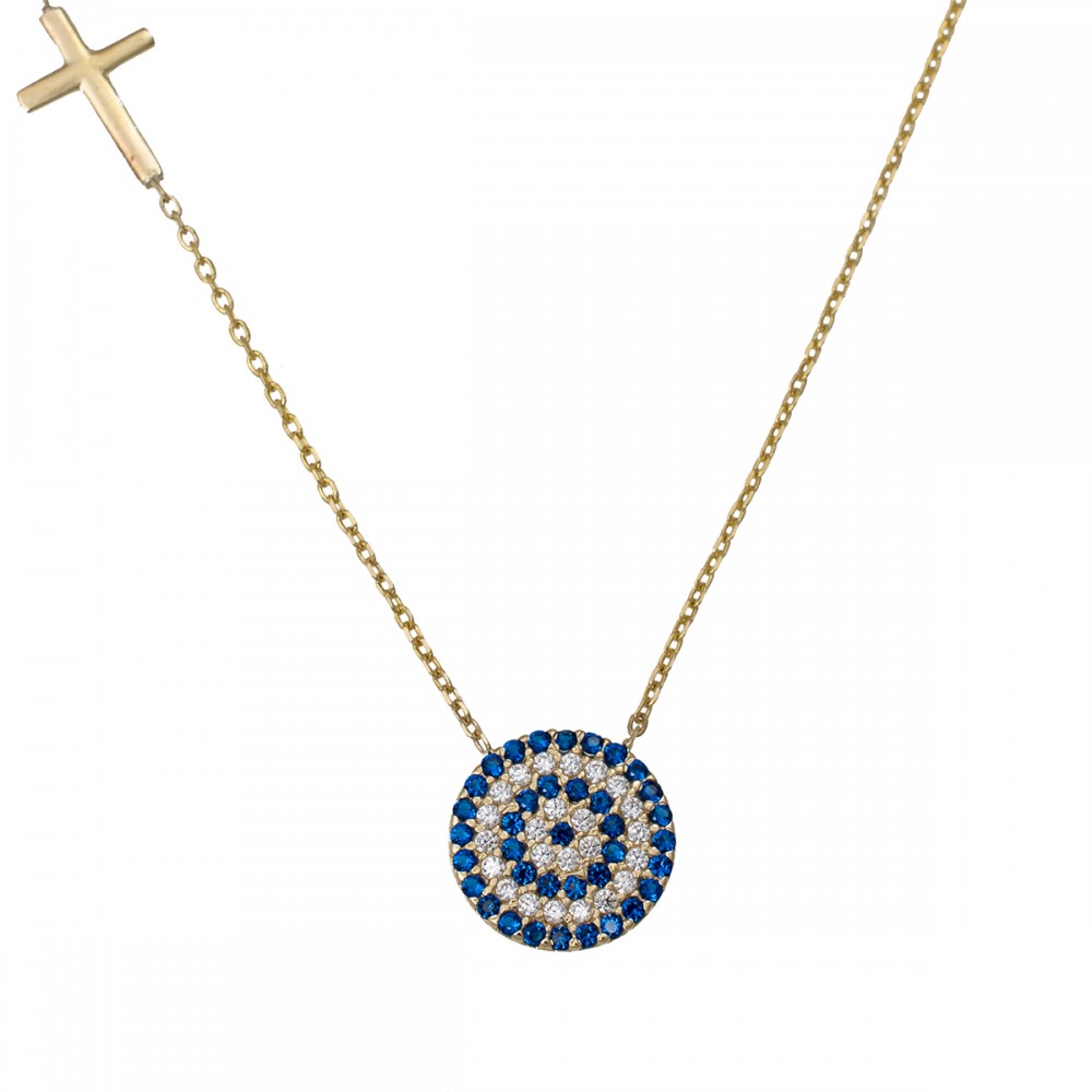 14K Χρυσό Κολιέ Με Μπλε Μάτι & Σταυρό KL183NK