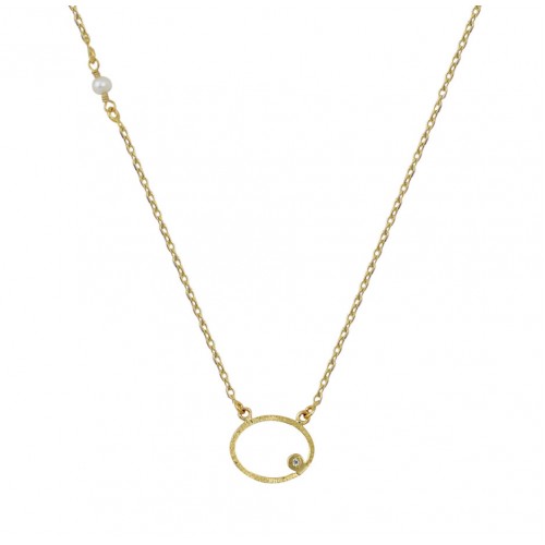 14K Χρυσό Κολιέ με Οβάλ Μενταγιόν, Μαργαριτάρι και Ζιργκόν KL191AV