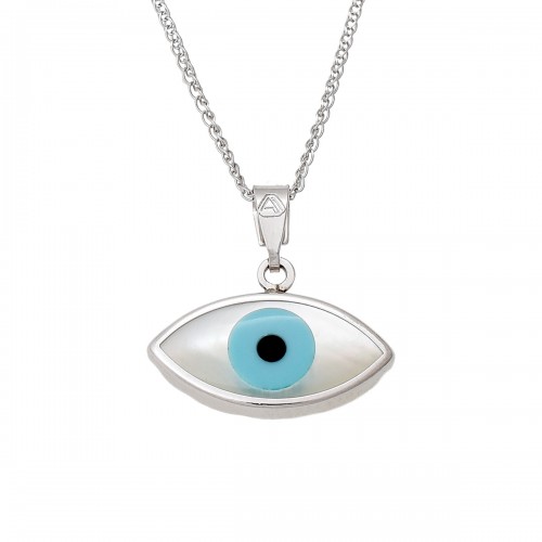 14K Λευκόχρυσο Κολιέ Μάτι με Φίλντισι, Μαύρο Όνυχα και Τουρκουάζ KL250KN