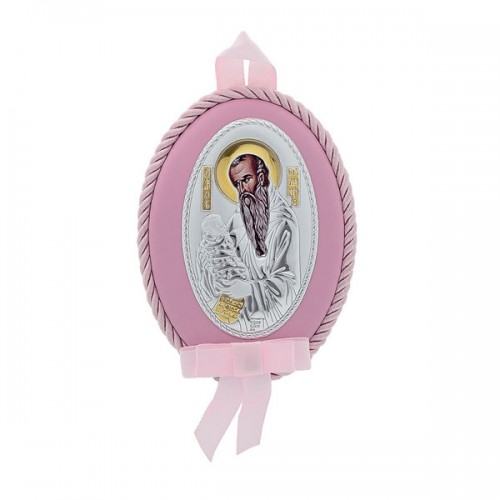 925 Ασήμι Παιδική Εικόνα Κούνιας Αγ. Στυλιανός Ροζ 8cm x 11cm MA/D517-R