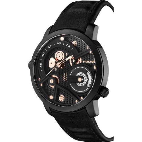 POLICE Kingsbridge Dual Time Black Leather Strap PL.15471JSB/02