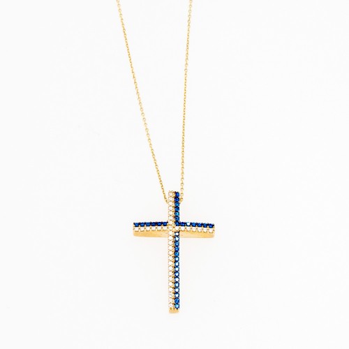 14Κ Χρυσός Σταυρός με Λευκά & Μπλε Ζιργκόν S000474