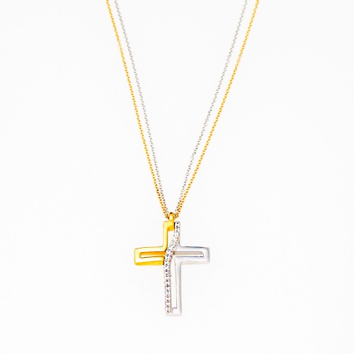 14Κ Χρυσός Δίχρωμος Σταυρός με Ζιργκόν & Διπλή Αλυσίδα S000645