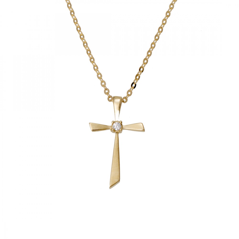 14Κ Χρυσός Σταυρός με Ζιργκόν και Αλυσίδα S000771