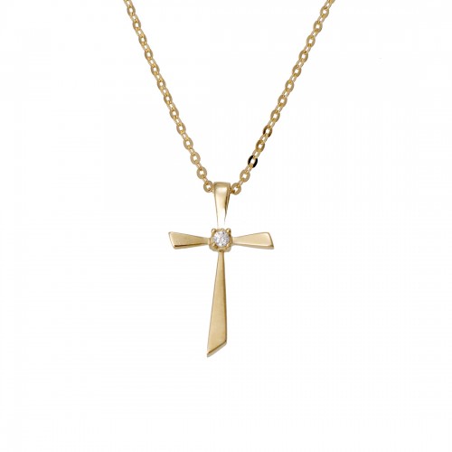 14Κ Χρυσός Σταυρός με Ζιργκόν και Αλυσίδα S000771