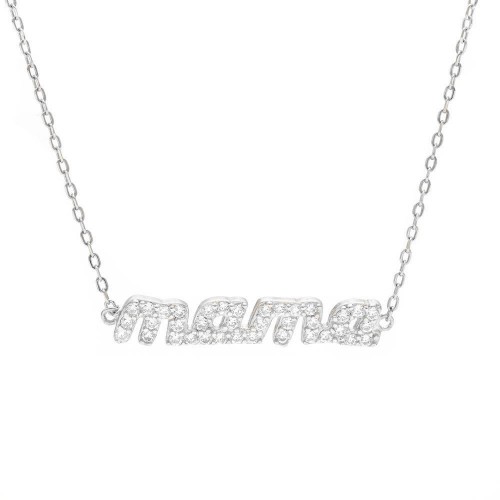 925 Ασήμι Κολιέ "Μαμά" με Λευκά Ζιργκόν SSNC71256CCS