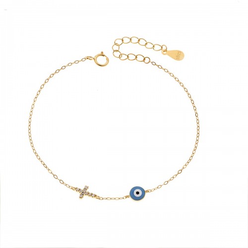 Senza Επιχρυσωμένο Βραχιόλι Silver 925, με "Ματάκι", Σταυρό και Ζιργκόν SSR3038GLB