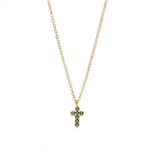 Κολιέ Senza επιχρυσωμένο ασήμι 925, Σταυρουδάκι διπλής όψης με Πράσινα και λευκά ζιργκόν SSR3087GGN