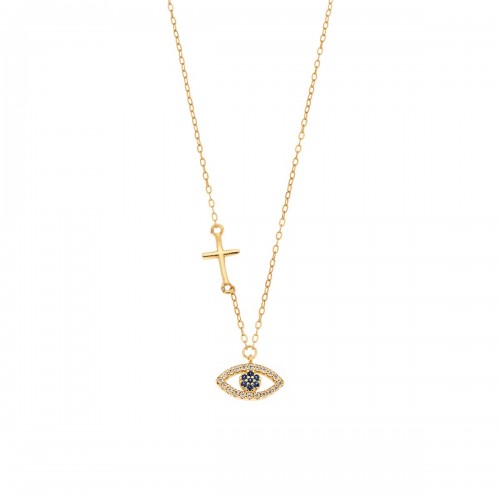 Κολιέ Senza Silver 925, επιχρυσωμένο Ματάκι με σμάλτο και Ζιργκόν SSR3291GD