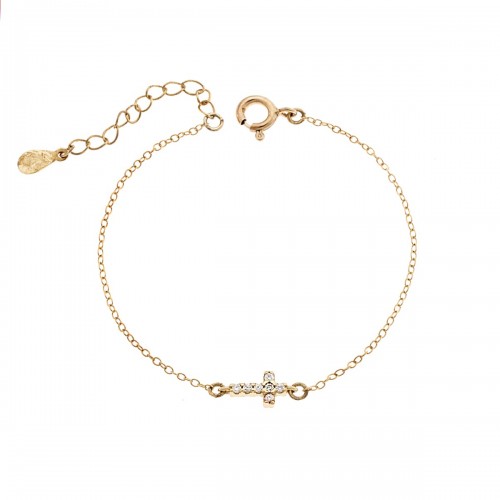 Senza Επιχρυσωμένο Βραχιόλι από Ασήμι 925, με Σταυρό και Ζιργκόν SSR3382GD