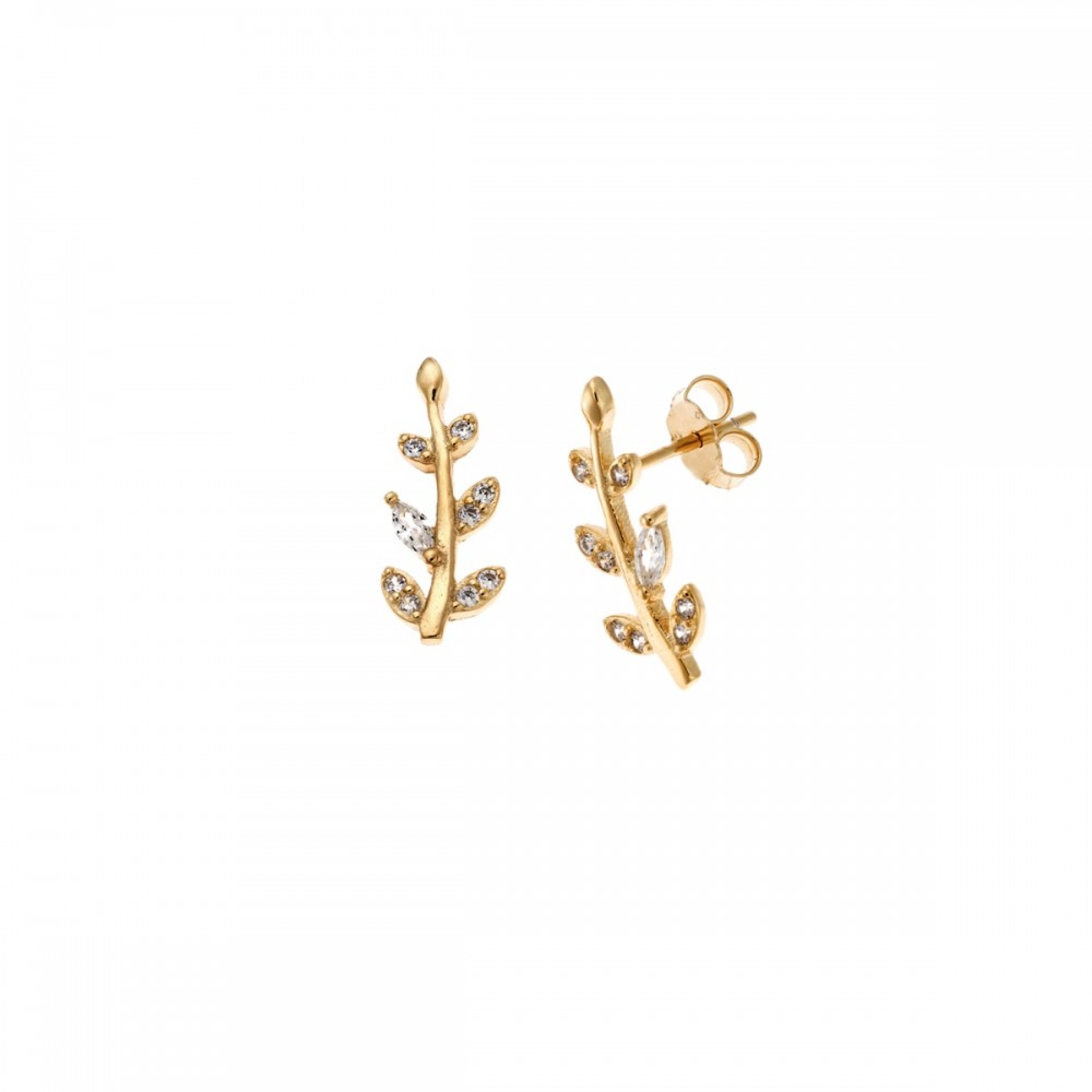 SENZA Σκουλαρίκια Επιχρυσωμένο Ασήμι 925, "Φύλλο" με Λευκά Ζιργκόν SSR4221GD