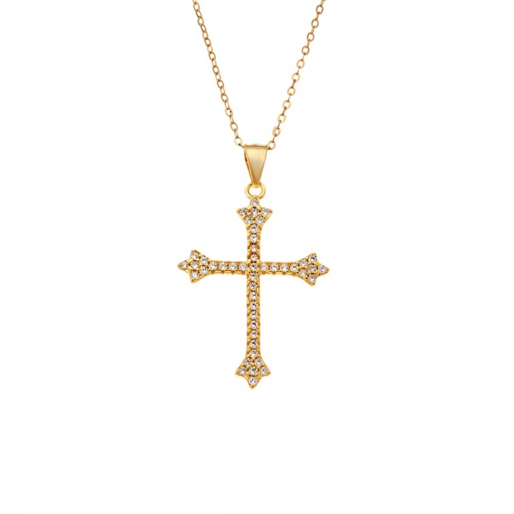 SENZA Κολιέ Επιχρυσωμένο ασήμι 925, Αλυσίδα και Σταυρός με Λευκά Ζιργκόν SSR4392GD