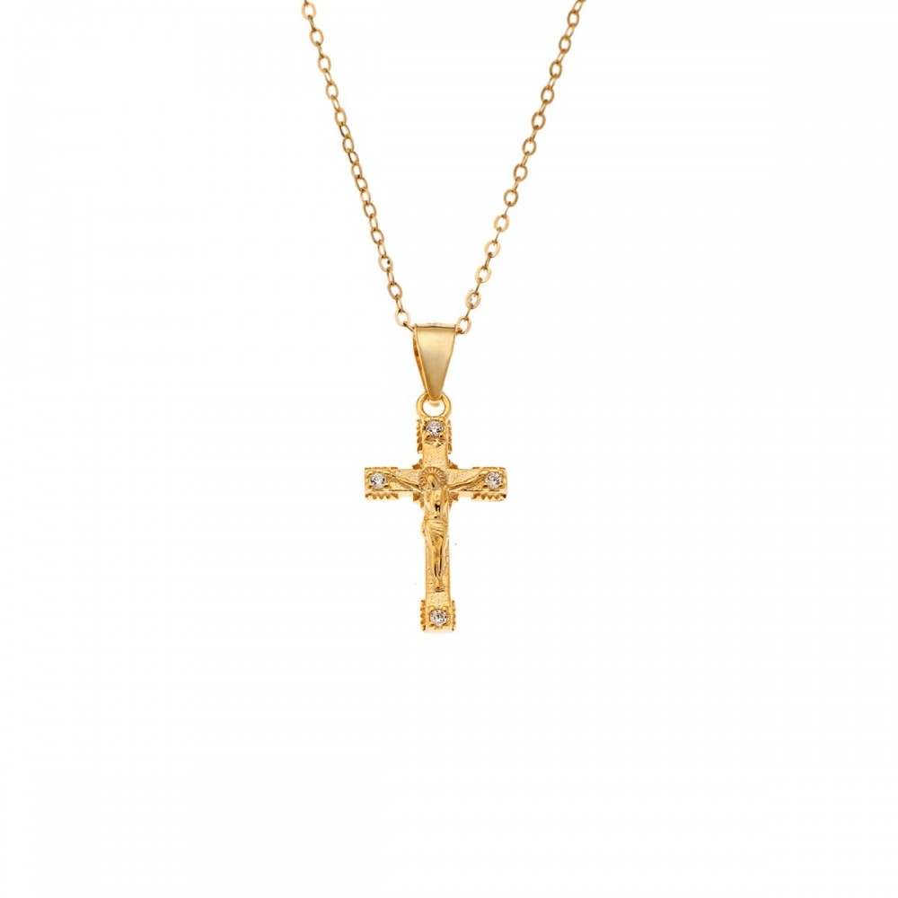 SENZA Κολιέ Επιχρυσωμένο ασήμι 925, Αλυσίδα και Σταυρός με Λευκά Ζιργκόν SSR4417GD