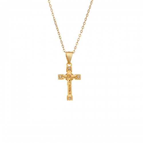 SENZA Κολιέ Επιχρυσωμένο ασήμι 925, Αλυσίδα και Σταυρός με Λευκά Ζιργκόν SSR4417GD