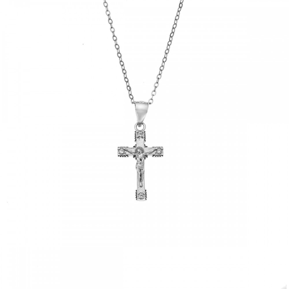 SENZA Κολιέ και Σταυρός από Επιροδιωμένο Ασήμι 925, με Λευκά Ζιργκόν SSR4417SR