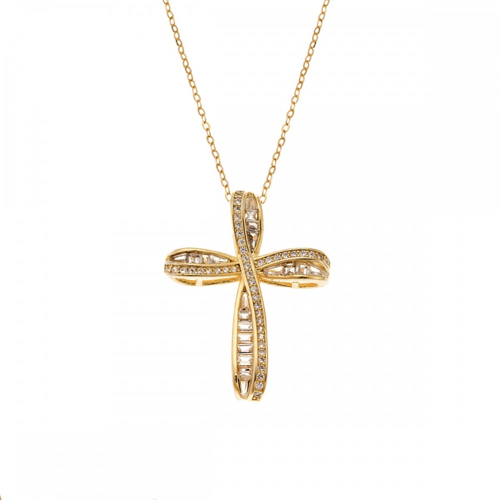 SENZA Κολιέ Επιχρυσωμένο ασήμι 925, Αλυσίδα και Σταυρός με Λευκά Ζιργκόν SSR4429GD