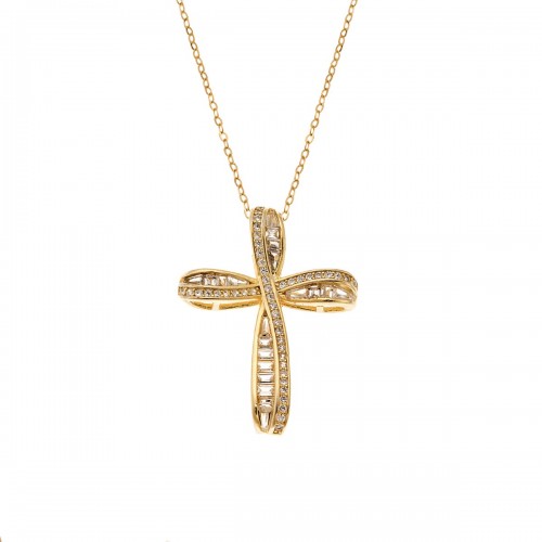 SENZA Κολιέ Επιχρυσωμένο ασήμι 925, Αλυσίδα και Σταυρός με Λευκά Ζιργκόν SSR4429GD