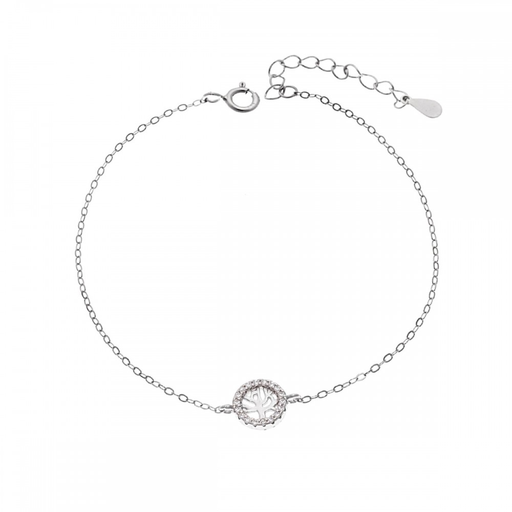 SENZA Επιροδιωμένο Βραχιόλι Ασήμι 925, "Δέντρο της Ζωής" Διπλής Όψης με Ζιργκόν SSR4454SLB