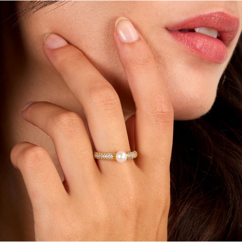 MORELLATO 925 Ασήμι Επιχρυσωμένο Δαχτυλίδι με Πέρλα και Λευκά ζιργκόν SXU51.14