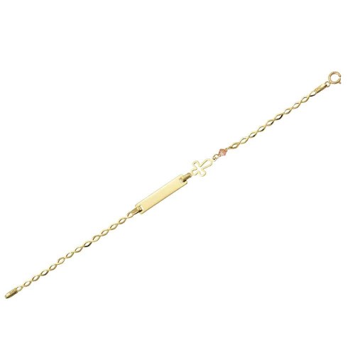 9K Χρυσό Bραχιόλι Παιδική Ταυτότητα Με Σταυρό και Ροζ Χάντρα T44203