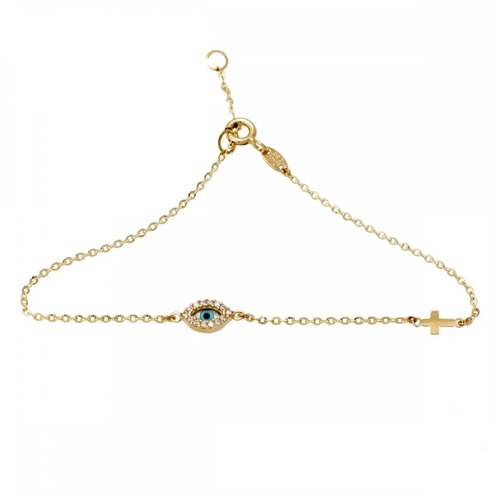 14K Χρυσό Bραχιόλι με Ματάκι & Σταυρό TT-288175