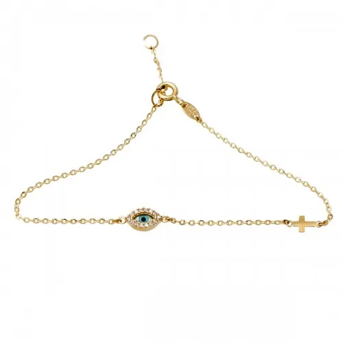 14K Χρυσό Bραχιόλι με Ματάκι & Σταυρό TT-288175
