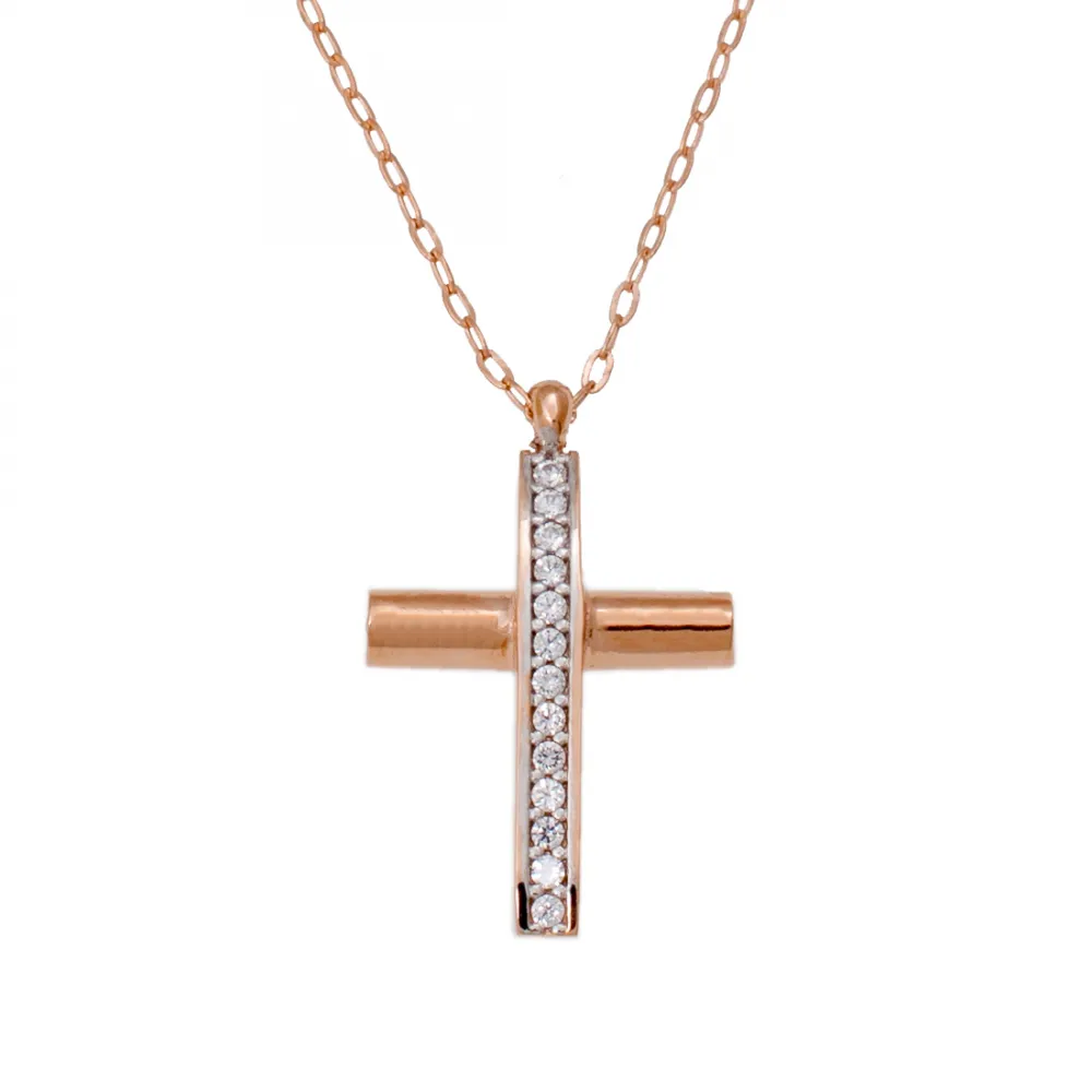 14Κ Ροζ Χρυσός Σταυρός με Ζιργκόν & Αλυσίδα 015372FR