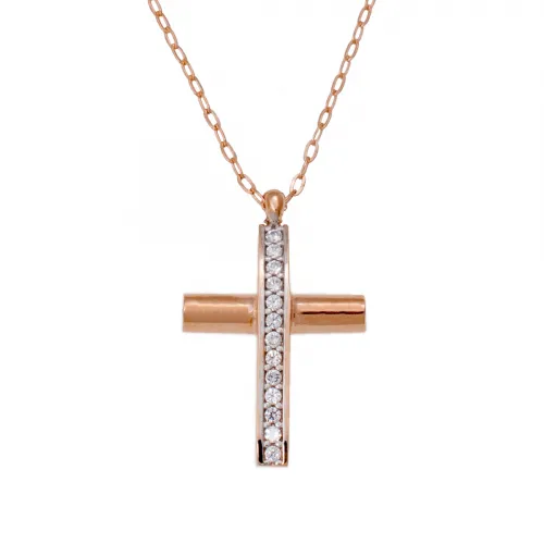 14Κ Ροζ Χρυσός Σταυρός με Ζιργκόν & Αλυσίδα 015372FR