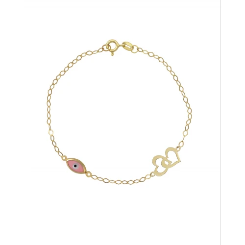 9K Χρυσό Bραχιόλι με "Ματάκι" και  "Διπλές Καρδιές" 038055FV