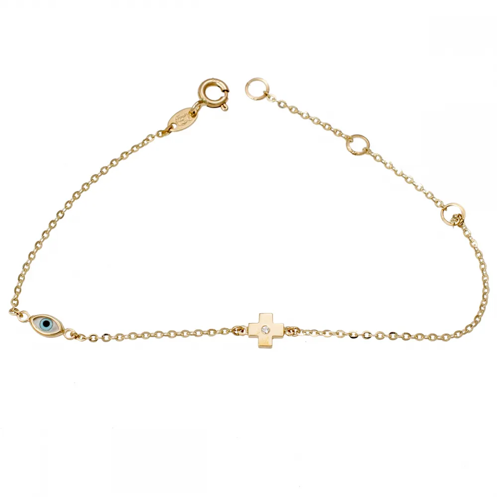 14K Χρυσό Bραχιόλι με Σταυρό, Ματάκι & Ζιργκόν 278313