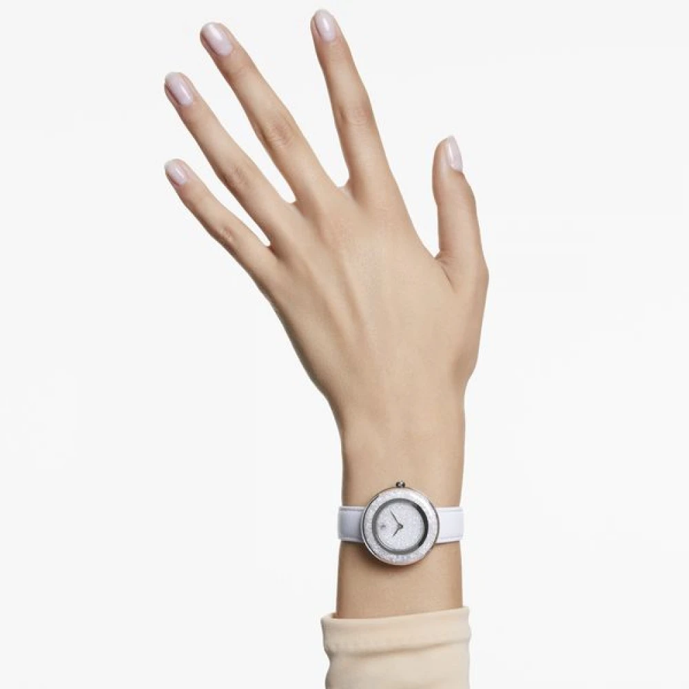 SWAROVSKI Ρολόι Crystalline,Eλβετικής κατασκευής, Δερμάτινο λουράκι, Λευκό, Λευκά Κρύσταλλα, 5668887